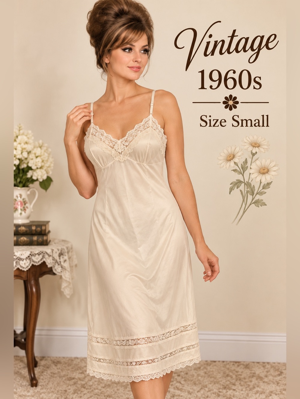 Vintage 1960s Beige Full Slip Lace Trim Small